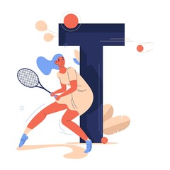 Wall Mural - Woman with racket and flying ball ready for strike during tennis match. Large letter T drawn with blue. Female character in sporty clothes smiling