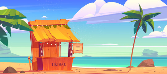 Tiki bar, wooden hut with tribal masks, drinks and snacks on summer beach. Vector cartoon tropical landscape with sea, palm trees and cafe with cocktails. Exotic vacation and travel concept