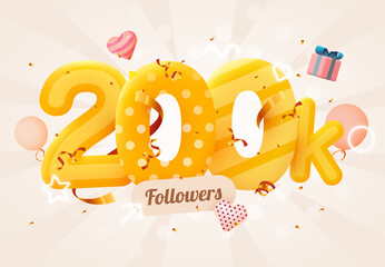 Wall Mural - 200k or 200000 followers thank you Pink heart, golden confetti and neon signs. Social Network friends, followers, Web user Thank you celebrate of subscribers or followers and likes.