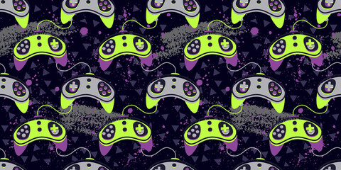 Poster - Seamless bright pattern with joysticks. Video game controller gaming cool print for boys and girls. Print for textiles, sportswear.