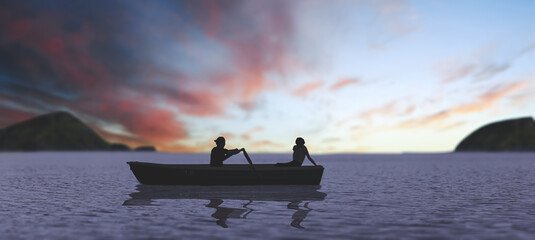 Wall Mural - couple in a boat morning view landscape.