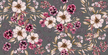 Watercolor Vintage Flower Seamless Pattern On Luxury Gray Print. Handpainted Watercolour Floral Pattern. Floral Bouquet Watercolor Hand Painted Background. Seamless Purple Flower Victorian Pattern