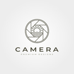 Poster - line art camera lens log with ocean sunburst view vector illustration design