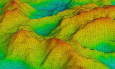 3d rendered topographic mountain. show elevation color blue to red.