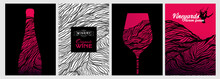 Set Of Design Templates With Wine Glass And Bottle Illustration. Creative And Artistic Background Texture With Lines That Simulate The Skin Of A Grape Vine.
