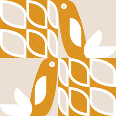 Aufkleber - Abstract geometric retro inspired vector seamless pattern.Stylized bird, leaves and flowers in pastel colors. Simple background in traditional decorative folk art scandinavian style.Isolated texture