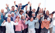 © ASDF - group of elderly friends raised their hands up and celebrate suc