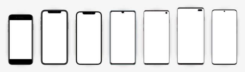Wall Mural - Mockups popular smartphones with blank screens for your design. Isolated in light background. Vector illustration
