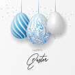 Happy easter template with eggs, pearls, confetti  dotted gold background. Vector illustration. Design layout for invitation, card, menu, flyer, banner, poster, voucher.
