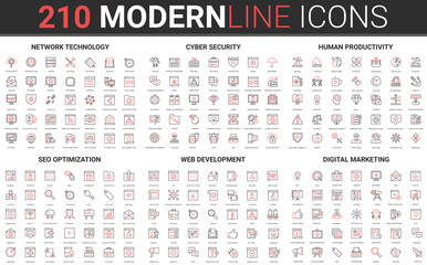 Aufkleber - 210 modern red black thin line icons set of digital marketing, human productivity, network technology, cyber security, SEO optimization, web development collection vector illustration.