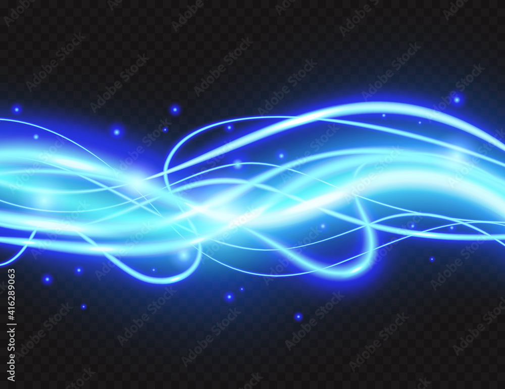 Cold blue plazma glow lines light effect decor vector illustration. Luxury glowing energy banner design with swirl abstract bright shine waves decoration, neon sparkle shimmer on black background - obrazy, fototapety, plakaty 