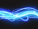 Fototapeta  - Cold blue plazma glow lines light effect decor vector illustration. Luxury glowing energy banner design with swirl abstract bright shine waves decoration, neon sparkle shimmer on black background