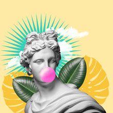 Modern Conceptual Art Colorful Poster With Ancient Statue Of Bust Of Apollo Replica. Collage Of Contemporary Art. Modern Design. Conceptual Bright Collage. Modern Unusual Art.