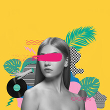 Contemporary Art Collage. Beautiful Young Girl Posing On Abstacrt Floral Yellow Background. Art Collage. Bw, Green And Pink. Copy Space For Text, Ad. Square Composition.