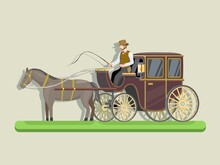 Horse Drawin Carriage. Classic Transportation Powered By Horse Concept In Cartoon Illustration Vector