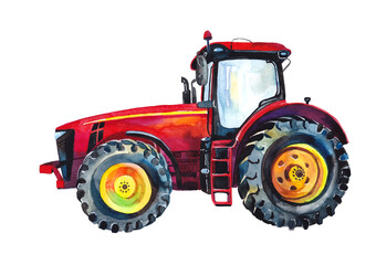 Red cute tractor . Watercolour. Print. Poster.