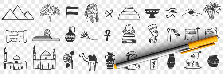 Sightseeings of Egypt doodle set. Collection of hand drawn egyptian traditional pyramids mosques pharaoh camels desert jugs flags palms for tourists during trip isolated on transparent background