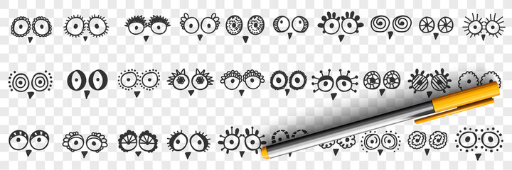 Wall Mural - Birds eyes and beak doodle set. Collection of hand drawn cute funny round eyes and beaks of various birds in sketch manner isolated on transparent background