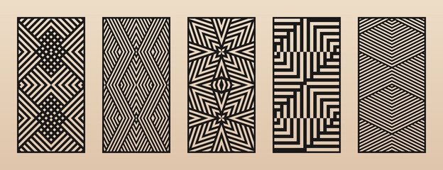 Aufkleber - Laser cut patterns. Vector set with abstract geometric ornament, lines, stripes, chevron. Optical illusion effect. Decorative stencil for laser cutting of wood, metal, plastic, paper. Aspect ratio 1:2