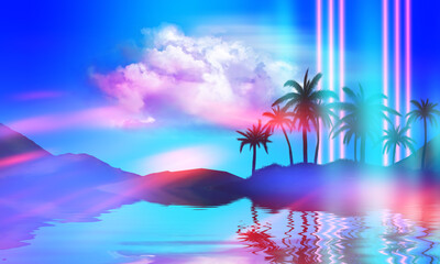 Wall Mural - Abstract futuristic background. Silhouettes of palm trees on a tropical island are reflected on the water, neon shapes against the background of an ultraviolet cloud. Beach party. 3d illustration