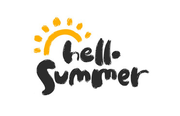 Fototapete - Hand drawn type lettering composition of Hello Summer with hand drawn brush sun