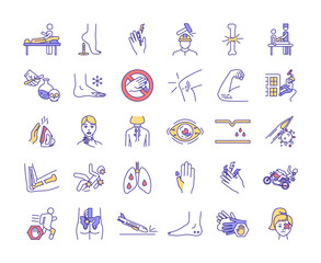 Sticker - Physical trauma RGB color icons set. Body damage. Joint and bone infection. Eye trauma. Injuries in construction industry. Falls from heights. Massage therapy session. Isolated vector illustrations