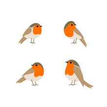 Cartoon Robin Bird Icon Set. Cute Bird In Different Poses. Vector Illustration For Prints, Clothing, Packaging, Stickers.