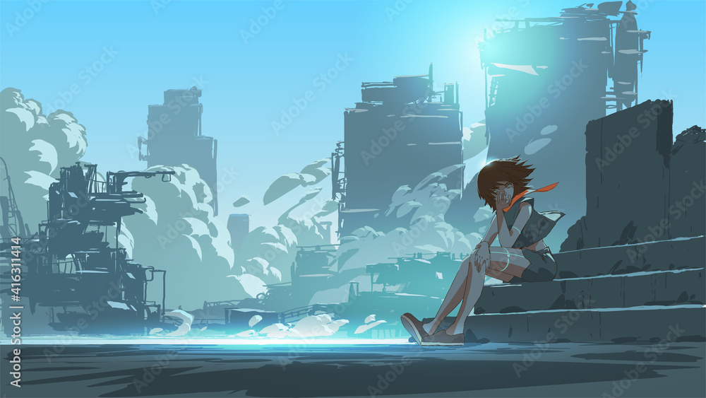 woman sitting outside against the futuristic city scene in the background, vector illustration - obrazy, fototapety, plakaty 