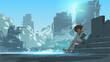 woman sitting outside against the futuristic city scene in the background, vector illustration