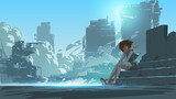 Fototapeta  - woman sitting outside against the futuristic city scene in the background, vector illustration