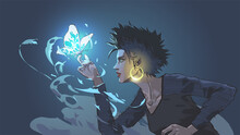 The Witch Summons A Glowing Blue Butterfly With Magic Power, Vector Illustration