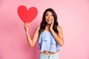 Wall Mural - Photo of impressed brunette lady hand face show paper heart wear blue top isolated on pastel pink color background