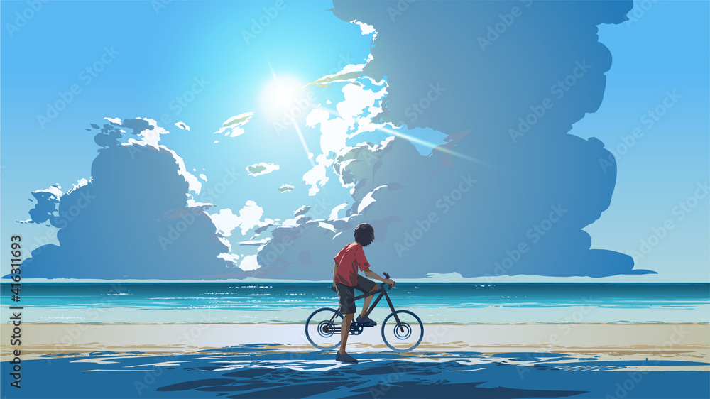 young man sitting on a bicycle looking at the sea on a summer day, vector illustration - obrazy, fototapety, plakaty 