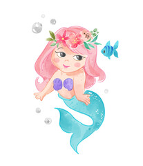 Wall Mural - Cute Little Mermaid with Floral Crown Illustration