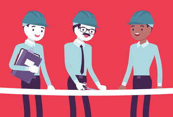 Ribbon cutting ceremony for engineering business people. Men wearing builder hard hats, architects opening new project, launching new building. Vector creative stylized illustration