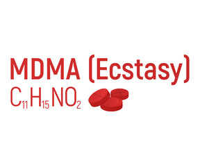 MDMA ecstasy concept chemical formula icon label, text font vector illustration, isolated on white. Periodic element table, addictive drug.