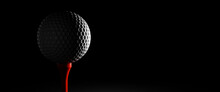 Sport And Spirit Concept.Close Up White Golf Ball On A Black Background.Golf Ball On Red Tee On Dark Background.copy Space And Panoramic Banner.