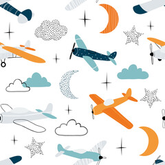 Vector hand-drawn seamless repeating children simple pattern with aircraft, clouds, moon and stars in Scandinavian style on a white background.Kids seamless pattern with planes. Funny airplanes.