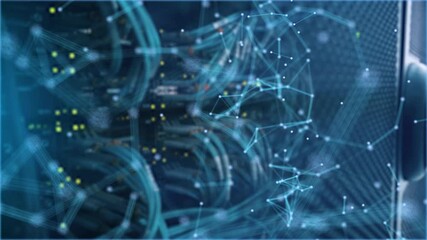 Wall Mural - 3D Blue Network Grid Line. Blurred Server Room.