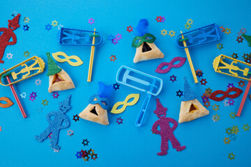 Purim celebration concept. Jewish carnival background. Top view. Flat lay