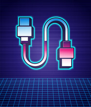 Retro Style USB Cable Cord Icon Isolated Futuristic Landscape Background. Connectors And Sockets For PC And Mobile Devices. 80s Fashion Party. Vector.