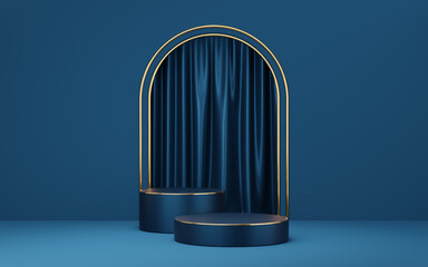 Wall Mural - 2 Empty blue cylinder podium with gold border on blue arch and curtain background. Abstract minimal studio 3d geometric shape object. Mockup space for display of product design. 3d rendering.