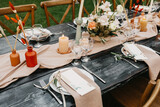 Fototapeta Miasto - Rustic style wedding desk, decoration and setting
