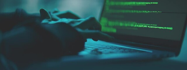 Female Hacker working on laptop at night in the modern workspace. Female Hands are typing a code at keyboard or hacking a website.