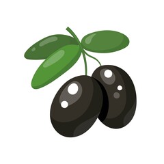 Two black olives on a leafy green twig for vegetarian food concept design, cartoon illustration isolated on white