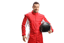 Man Racer In A Red Uniform Holding A Helmet And Smiling
