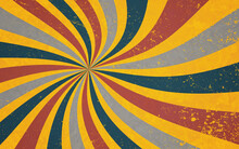Retro Starburst Sunburst Background Pattern And Grunge Textured Vintage Color Palette Of Fortuna Gold, Yellow, Blue Gray And Rust Red In Spiral Or Swirled Radial Striped Design
