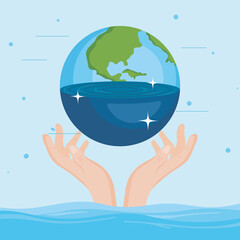 Sticker - Water day with world over hands vector design