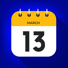 March day 13. Number thirteen on a white paper with yellow color border on a blue background vector.