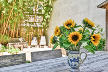 Close-up Of A Vase Of Beautiful Sunflowers On The Table At The Backyard Of The House